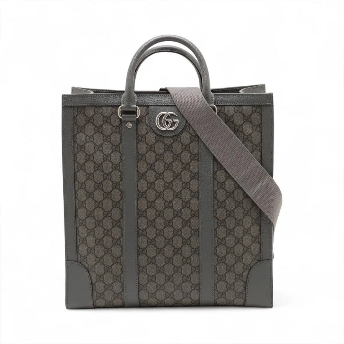 GUCCI GG SUPREME PVCX LEATHER 2 WAY HANDBAG: Gucci GG Supreme PVCx leather 2 Way Handbag Brand: Gucci Type: Hand bag Material: PVC Color: Gray Size: Height:14.8inch Length:14.2inch Depth:4.5inch Handle height:3.7inch Shoulder height:25.4inch