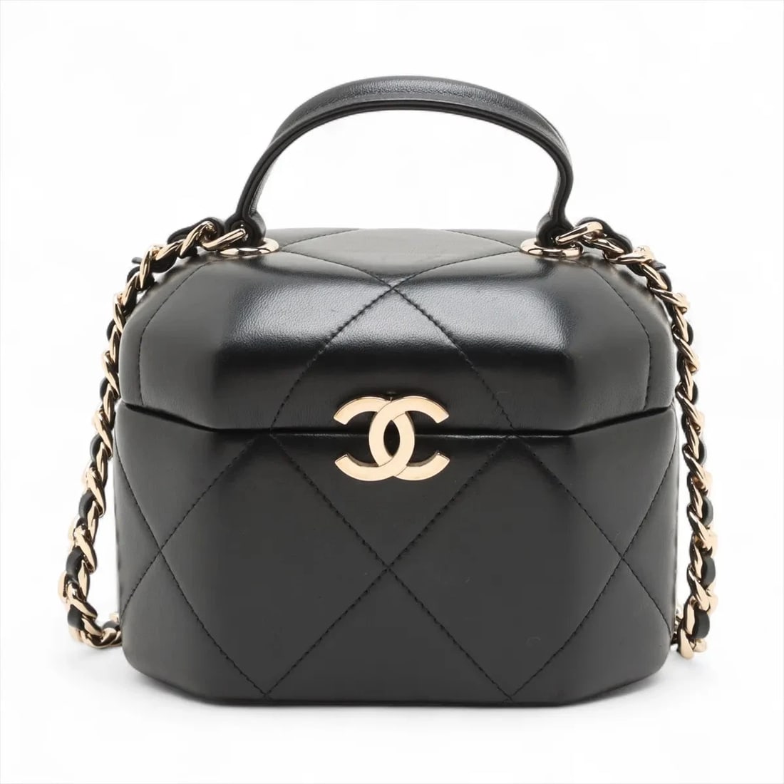 CHANEL MATELASSE LAMBSKIN 2 WAY HANDBAG VANITY: Chanel Matelasse Lambskin 2 Way Handbag Vanity Brand: Chanel Type: Hand bag Material: Lambskin Color: Black Size: Height:4.5inch Length:5.7inch Depth:4.1inch Handle height:2.0inch Shoulder height: