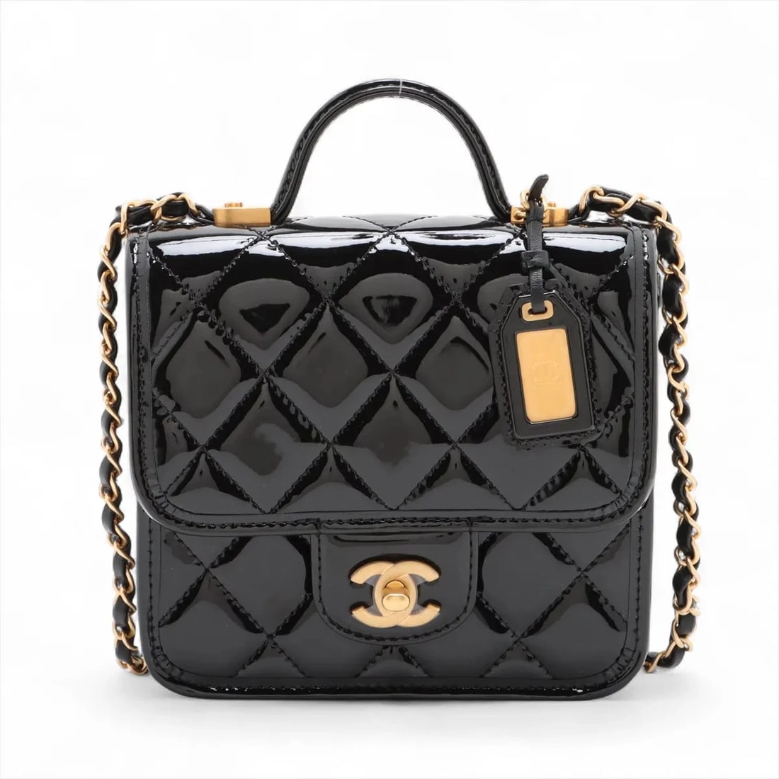 CHANEL MATELASSE PATENT LEATHER CHAIN SHOULDER BAG: Chanel Matelasse Patent Leather Chain Shoulder Bag Brand: Chanel Type: Shoulder bag Material: Patent Leather Color: Black Size: Height:6.3inch Length:6.7inch Depth:2.4inch Handle height:1.6inch Sh