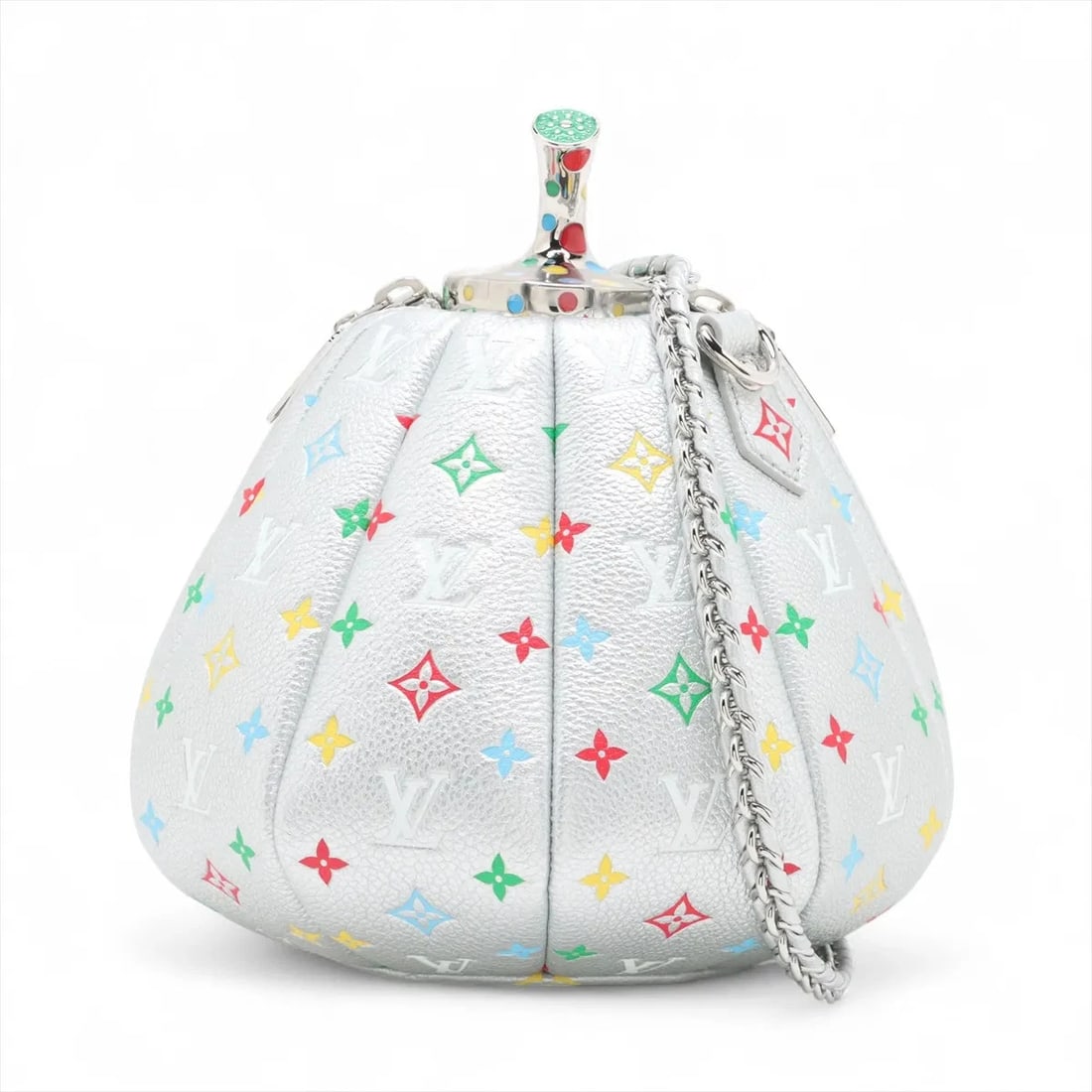 LOUIS VUITTON X YAYOI KUSAMA PUMPKIN BAG: Louis Vuitton x Yayoi Kusama Pumpkin Bag Brand: Louis Vuitton x Yayoi Kusama Type: Shoulder bag Material: None Color: Silver Size: Height:7.7inch Length:7.1inch Depth:7.5inch Shoulder