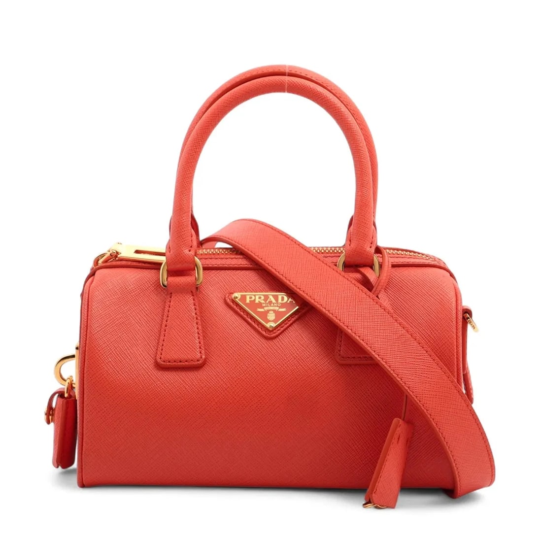 PRADA SAFFIANO LUX LEATHER HAND BAG: Prada Saffiano Lux Leather Hand bag Brand: Prada Type: Hand bag Material: Leather Color: Orange Size: Height:4.7inch Length:7.9inch Depth:4.7inch Handle height:3.7inch Shoulder height:22.2inch Ac