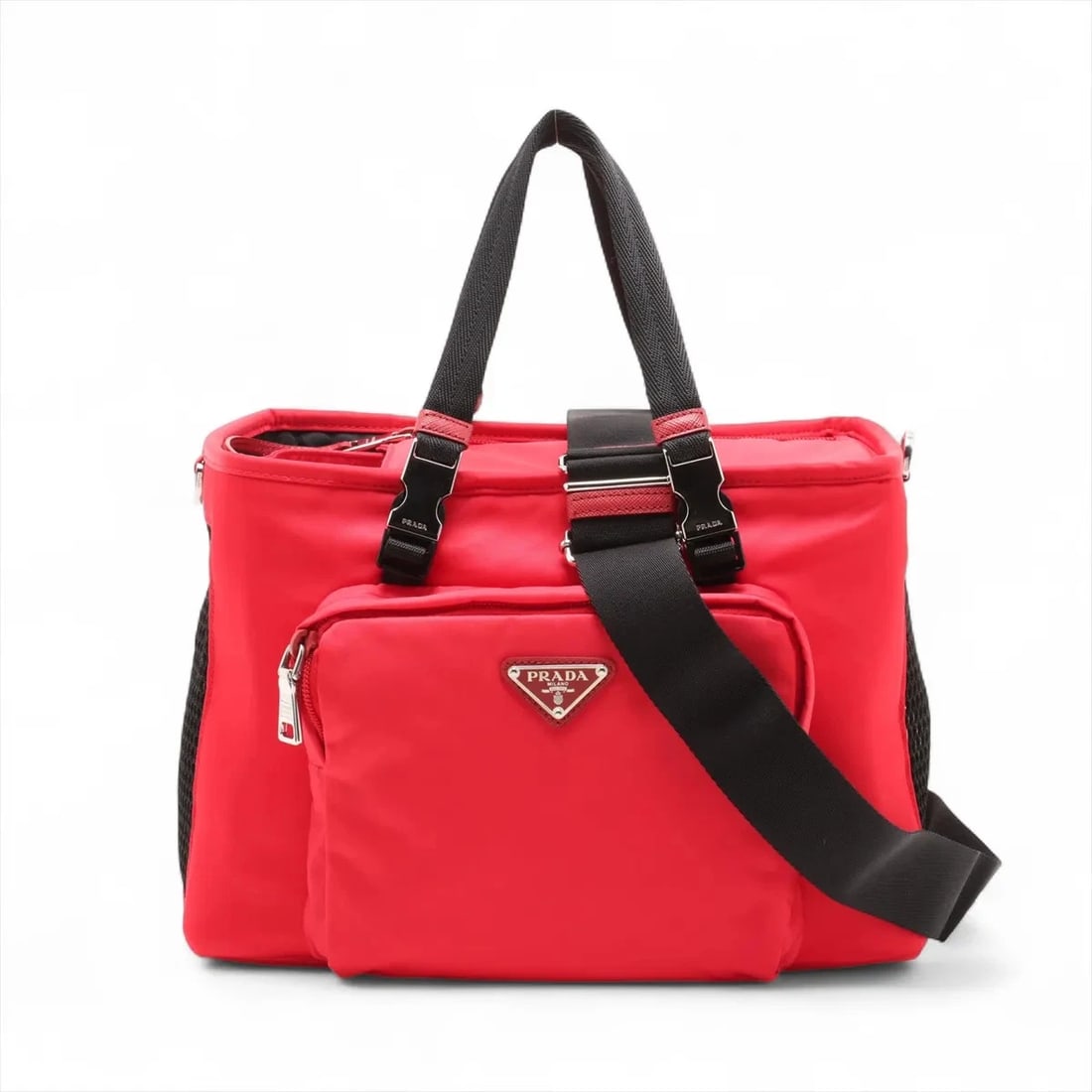 PRADA TESSUTO NYLON X LEATHER FOR PETS CARRY BAG: Prada Tessuto nylon x leather For pets Carry bag Brand: Prada Type: Hand bag Material: Nylon Color: Red Size: Height:8.1inch Length:11.8inch Depth:6.9inch Handle height:5.9inch Shoulder height:25.