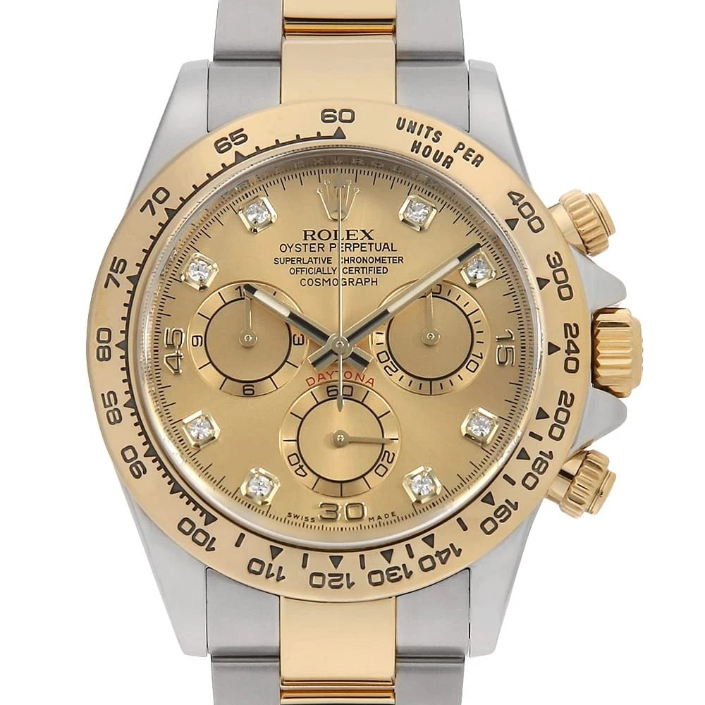 ROLEX COSMOGRAPH DAYTONA DIAMOND CHAMPAGNE: ROLEX Cosmograph Daytona diamond Champagne Brand: ROLEX Type: Wrist watch Material: Band MaterialStainless Steel/Yellow Gold, Case MaterialStainless Steel/Yellow Gold Color: Champagne Gold 