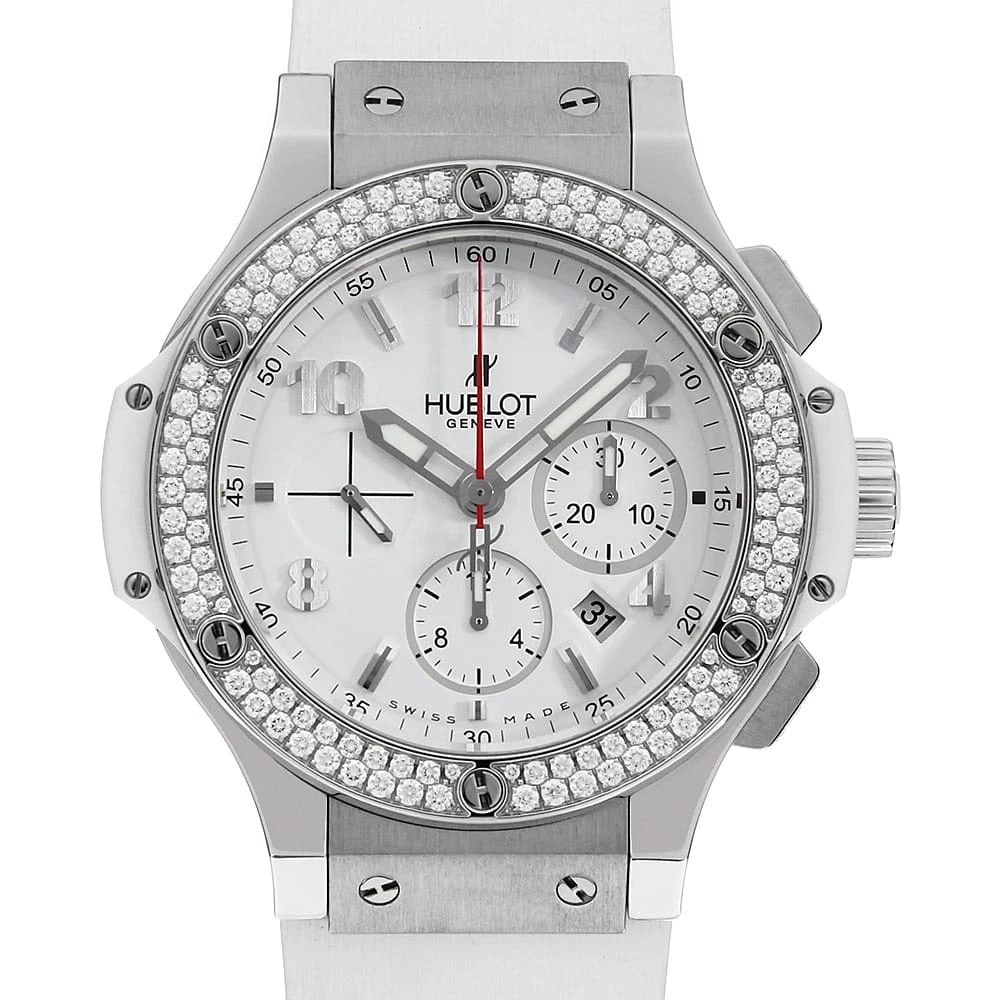 HUBLOT BIG BANG ALL WHITE DIAMONDS: HUBLOT Big Bang All White Diamonds Brand: HUBLOT Type: Wrist watch Material: Band Materialrubber, Case MaterialStainless Steel Color: White Size: Case:W44mm Accessories: None Accessories
