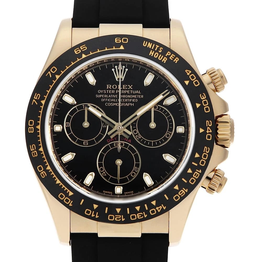 ROLEX COSMOGRAPH DAYTONA BLACK: ROLEX Cosmograph Daytona black Brand: ROLEX Type: Wrist watch Material: Band Materialrubber, Case MaterialYellow Gold Color: Black Size: Case:W40mm Circumference of Wrist:16.5cm Accessories: