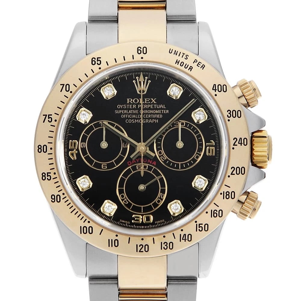 ROLEX COSMOGRAPH DAYTONA DIAMOND BLACK: ROLEX Cosmograph Daytona diamond black Brand: ROLEX Type: Wrist watch Material: Band MaterialStainless Steel/Yellow Gold, Case MaterialStainless Steel/Yellow Gold Color: Black Size: Case:W40mm