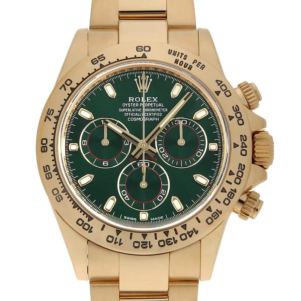 ROLEX COSMOGRAPH DAYTONA GREEN: ROLEX Cosmograph Daytona green Brand: ROLEX Type: Wrist watch Material: Band MaterialYellow Gold, Case MaterialYellow Gold Color: Green Size: Case:W40mm Circumference of Wrist:19cm 