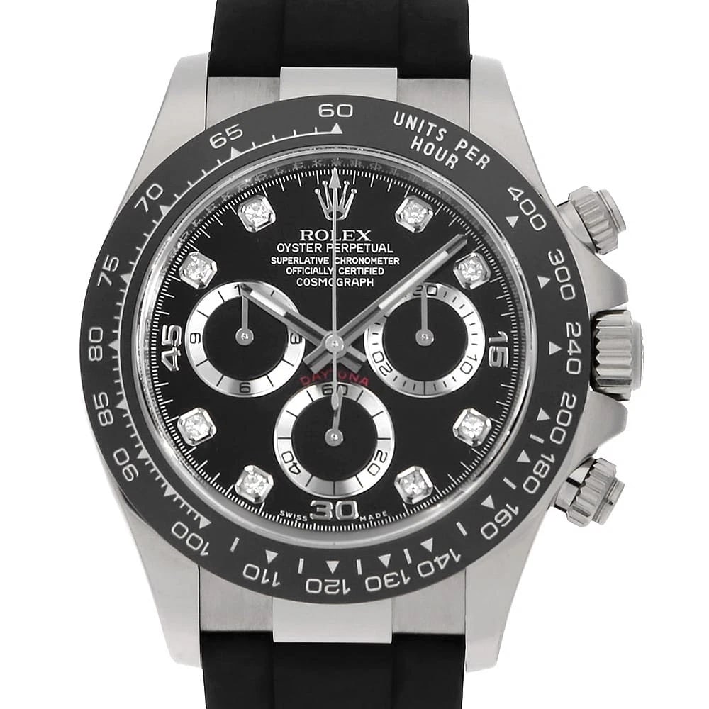 ROLEX COSMOGRAPH DAYTONA DIAMOND BLACK: ROLEX Cosmograph Daytona diamond black Brand: ROLEX Type: Wrist watch Material: Band Materialrubber, Case MaterialWhite Gold Color: Black Size: Case:W40mm Circumference of Wrist:15cm 