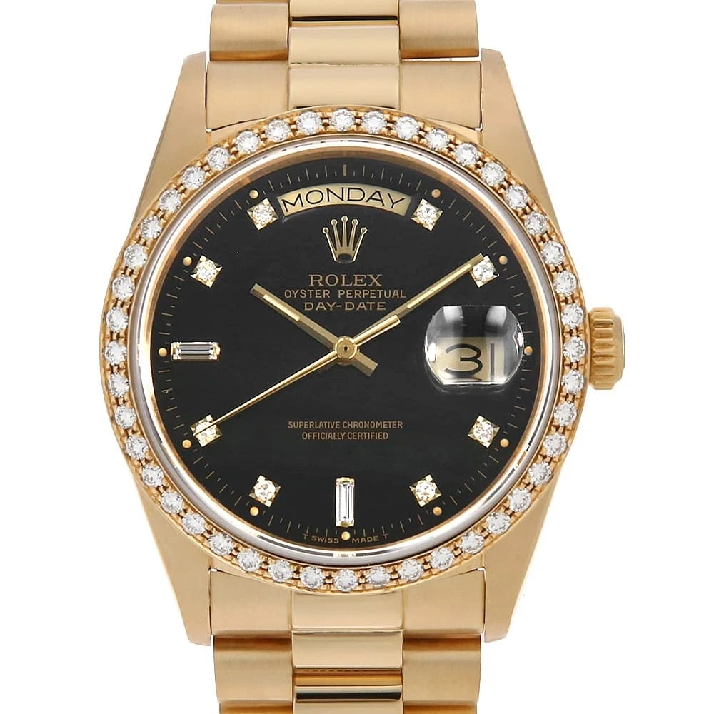 ROLEX BEZEL DIAMOND: ROLEX Bezel Diamond Brand: ROLEX Type: Wrist watch Material: Band MaterialYellow Gold, Case MaterialYellow Gold Color: Black Size: Case:W36mm Circumference of Wrist:18cm Accessories: None