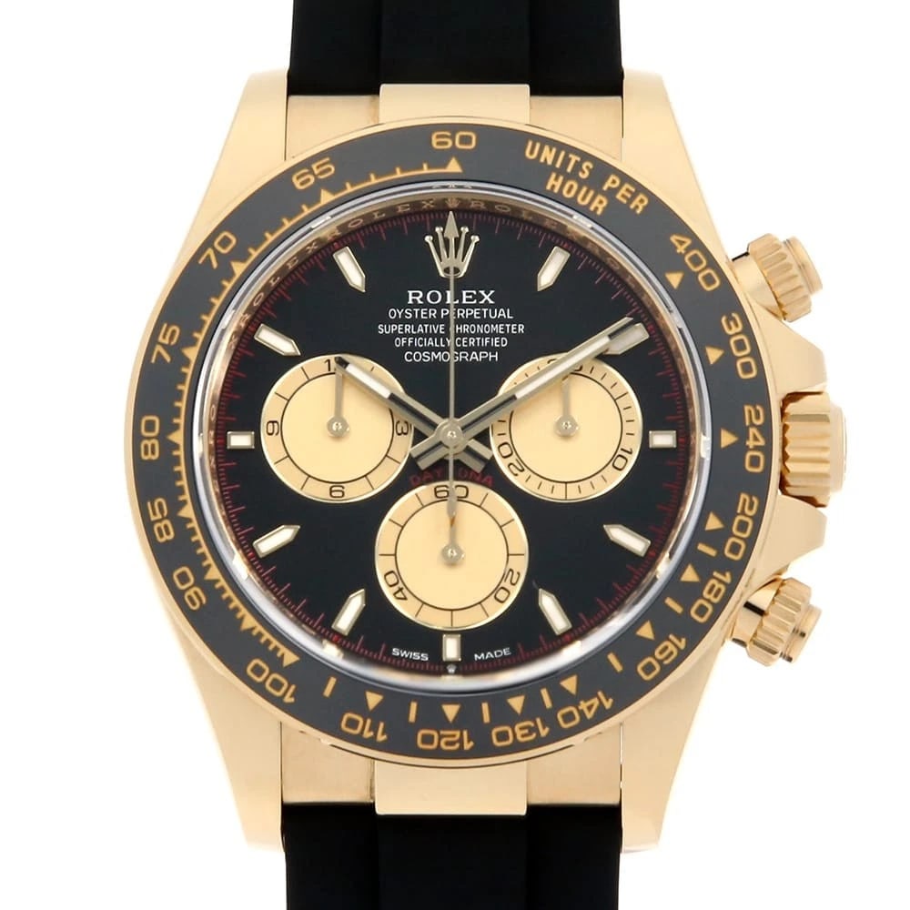 ROLEX COSMOGRAPH DAYTONA BLACK GOLD: ROLEX Cosmograph Daytona Black Gold Brand: ROLEX Type: Wrist watch Material: Band Materialrubber, Case MaterialYellow Gold Color: Black and Gold Size: Case:W40mm Circumference of Wrist:19cm 