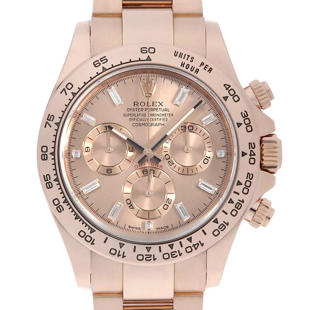 ROLEX COSMOGRAPH DAYTONA BAGUETTE DIAMONDS: ROLEX Cosmograph Daytona Baguette Diamonds Brand: ROLEX Type: Wrist watch Material: Band MaterialEverose Gold, Case MaterialEverose Gold Color: Pink Size: Case:W40mm Circumference of