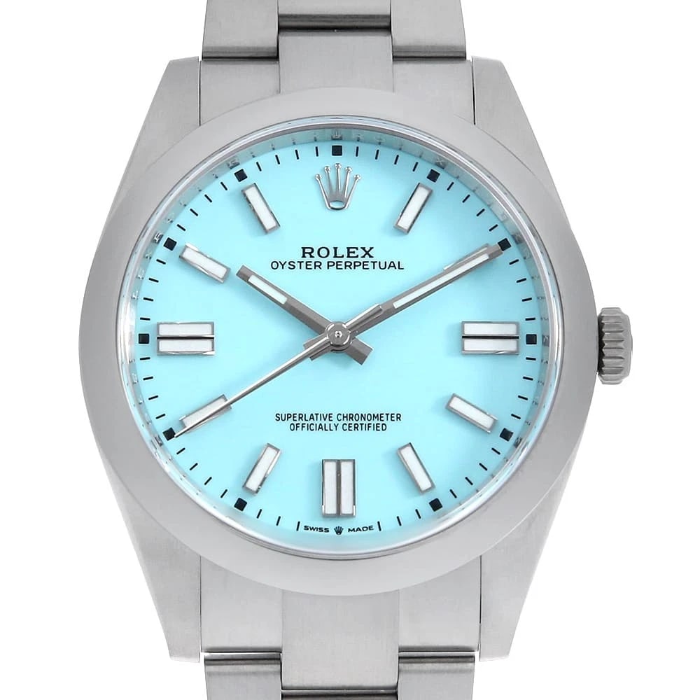 ROLEX OYSTER PERPETUAL TURQUOISE BLUE: ROLEX Oyster Perpetual turquoise blue Brand: ROLEX Type: Wrist watch Material: Band MaterialStainless Steel, Case MaterialStainless Steel Color: Turquoise Blue Size: Case:W41mm Circumference