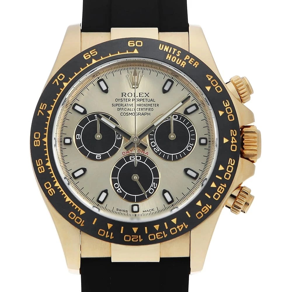 ROLEX COSMOGRAPH DAYTONA CHAMPAGNE BLACK: ROLEX Cosmograph Daytona Champagne black Brand: ROLEX Type: Wrist watch Material: Band Materialrubber, Case MaterialYellow Gold Color: Champagne and Black Size: Case:W40mm Circumference of