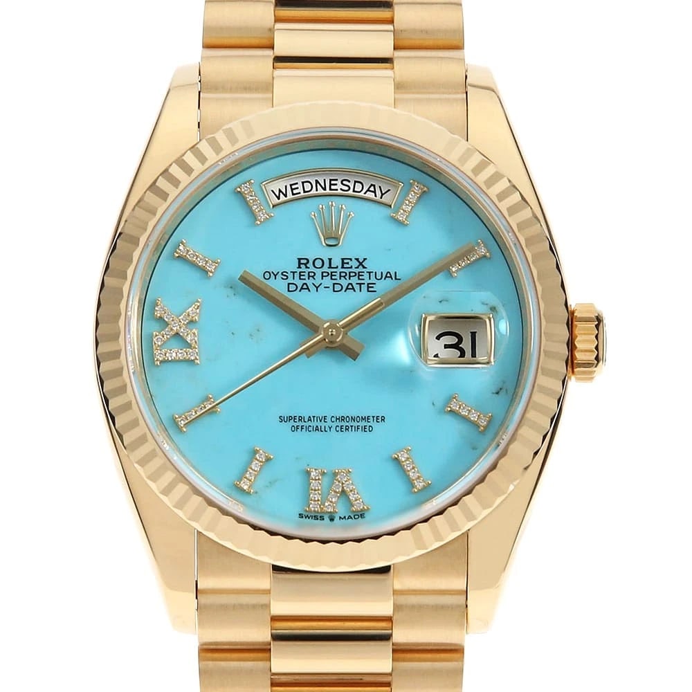 ROLEX DIAMOND INDEXES: ROLEX diamond indexes Brand: ROLEX Type: Wrist watch Material: Band MaterialYellow Gold, Case MaterialYellow Gold Color: Turquoise Size: Case:W36mm Circumference of Wrist:18.5cm Accessories: