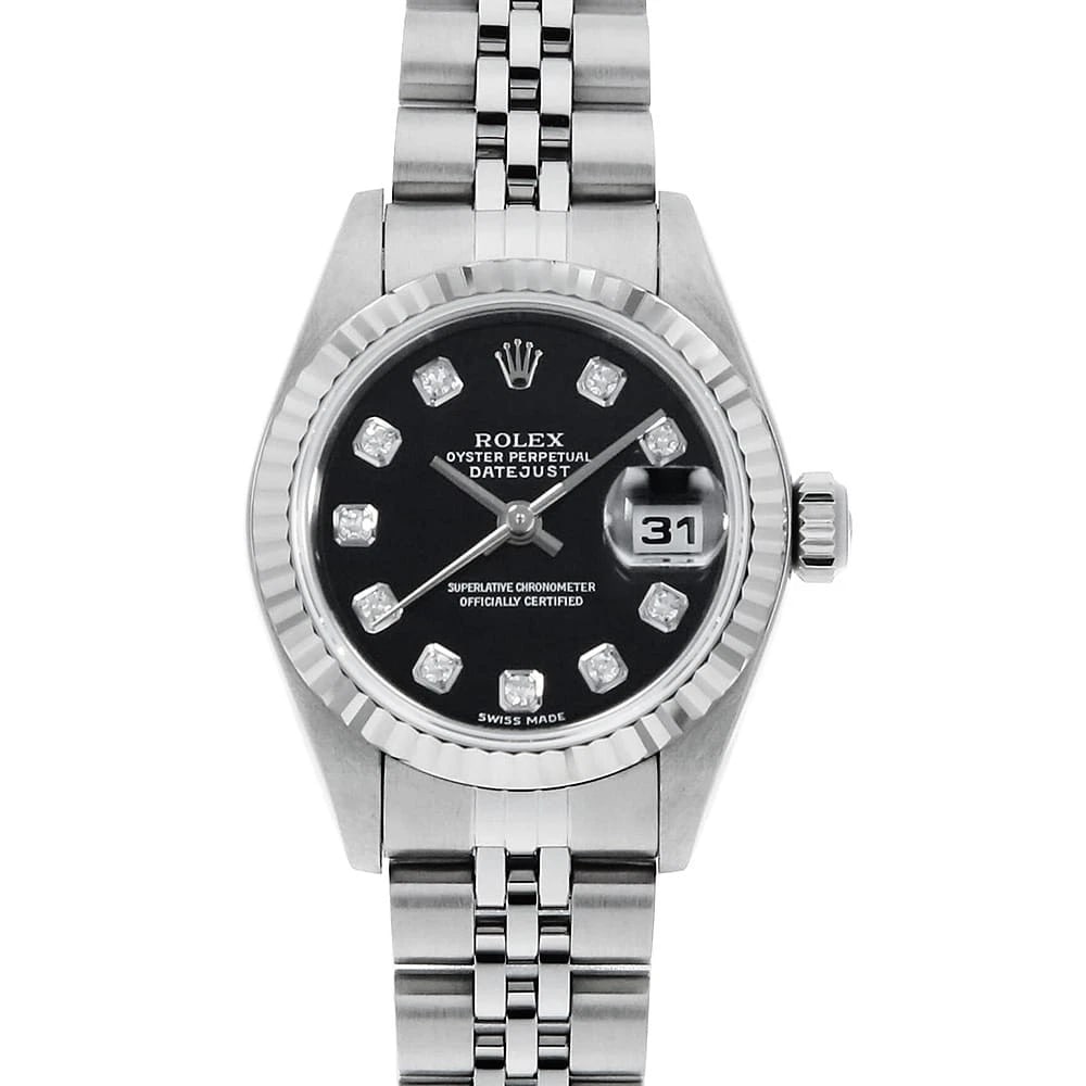 ROLEX DATEJUST DIAMOND BLACK: ROLEX Datejust Diamond black Brand: ROLEX Type: Wrist watch Material: Band MaterialStainless Steel, Case MaterialStainless Steel/White gold Color: Black Size: Case:W26mm Circumference of Wrist:16.
