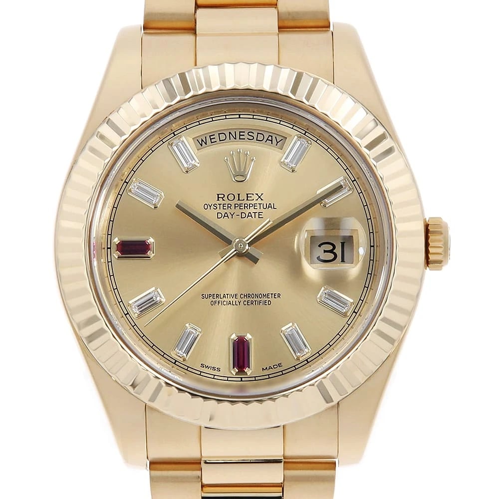 ROLEX DIAMOND RUBY CHAMPAGNE: ROLEX Diamond Ruby Champagne Brand: ROLEX Type: Wrist watch Material: Band MaterialYellow Gold, Case MaterialYellow Gold Color: Champagne Gold Size: Case:W41mm Circumference of Wrist:19cm 
