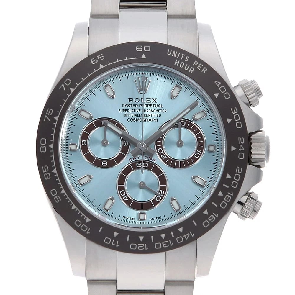 ROLEX COSMOGRAPH DAYTONA ICE BLUE: ROLEX Cosmograph Daytona Ice blue Brand: ROLEX Type: Wrist watch Material: Band MaterialPlatinum, Case MaterialPlatinum Color: Ice Blue Size: Case:W40mm Circumference of Wrist:18.5cm 