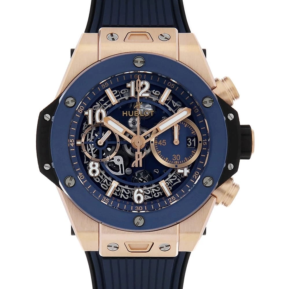 HUBLOT BIG BANG UNICO KING GOLD BLUE CERAMIC: HUBLOT Big Bang Unico King Gold Blue Ceramic Brand: HUBLOT Type: Wrist watch Material: Band Materialrubber, Case MaterialKing gold/ceramic Color: Skeleton Size: Case:W42mm Accessories: None