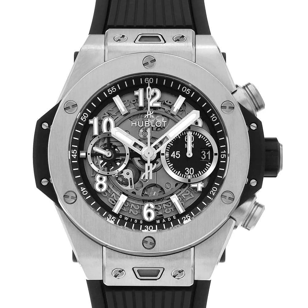 HUBLOT BIG BANG UNICO TITANIUM: HUBLOT Big Bang Unico Titanium Brand: HUBLOT Type: Wrist watch Material: Band Materialrubber, Case MaterialTitanium Color: Skeleton Size: Case:W44mm x H44mm Accessories: None Accessories