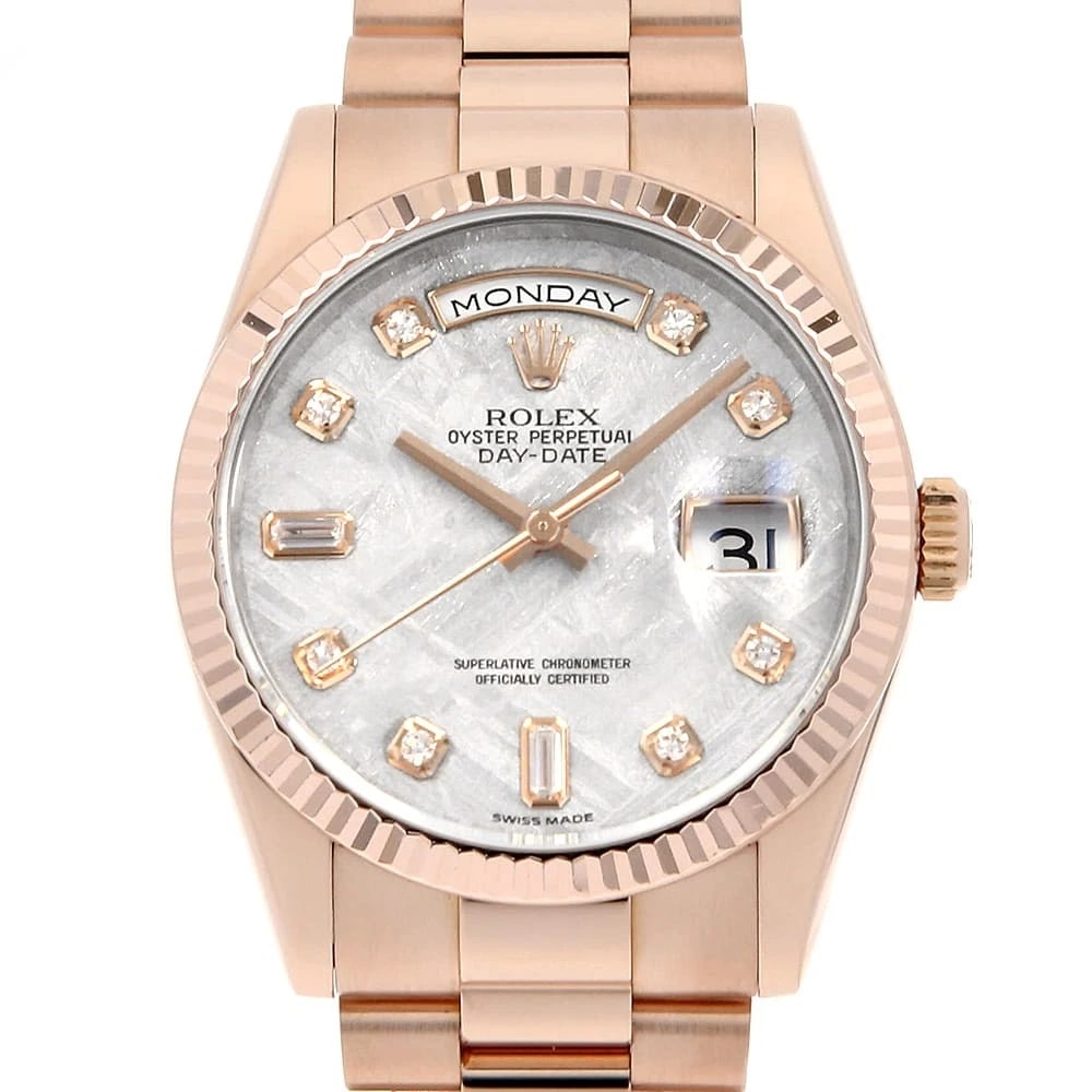 ROLEX DIAMOND BAGUETTE: ROLEX Diamond Baguette Brand: ROLEX Type: Wrist watch Material: Band MaterialEverose Gold, Case MaterialEverose Gold Color: Meteorite Size: Case:W36mm Circumference of Wrist:17cm Accessories: