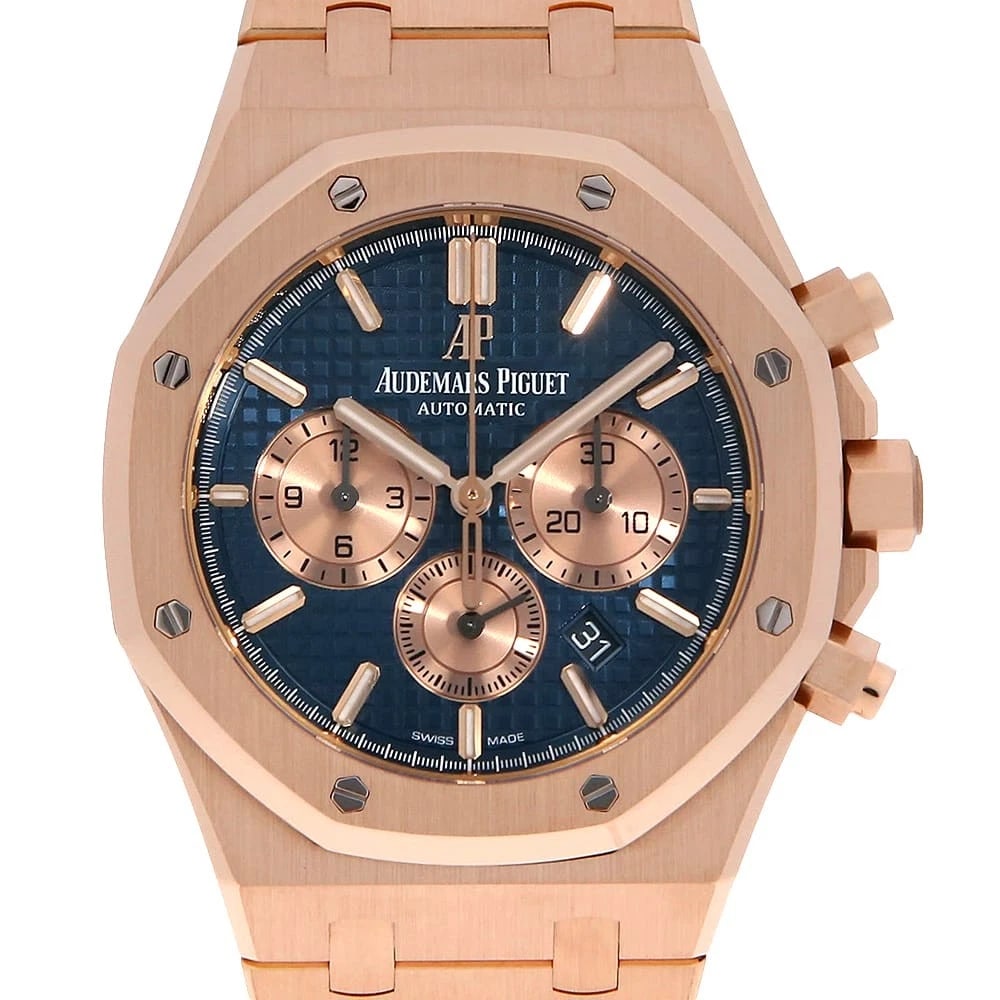 AUDEMARS PIGUET ROYAL OAK CHRONOGRAPH: AUDEMARS PIGUET Royal Oak Chronograph Brand: AUDEMARS PIGUET Type: Wrist watch Material: Band MaterialPink Gold, Case MaterialPink Gold Color: Blue Size: Case:W41mm Circumference of