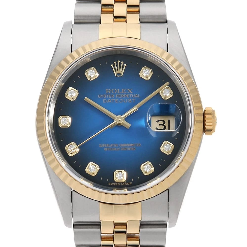 ROLEX DATEJUST DIAMOND BLUE: ROLEX Datejust Diamond blue Brand: ROLEX Type: Wrist watch Material: Band MaterialStainless Steel/Yellow Gold, Case MaterialStainless Steel/Yellow Gold Color: Blue Size: Case:W36mm