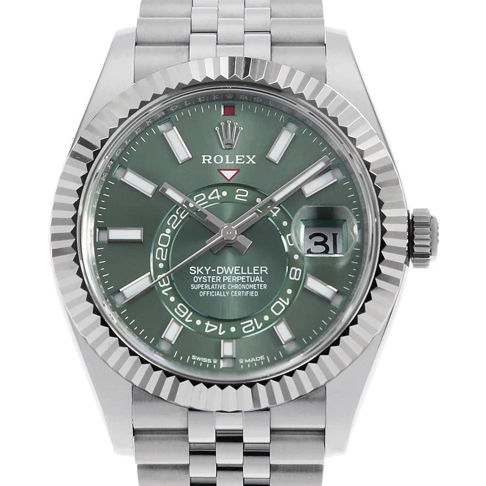 ROLEX SKY-DWELLER MINT GREEN: ROLEX SKY-DWELLER Mint green Brand: ROLEX Type: Wrist watch Material: Band MaterialStainless Steel, Case MaterialStainless Steel/White gold Color: Mint Green Size: Case:W42mm Circumference of