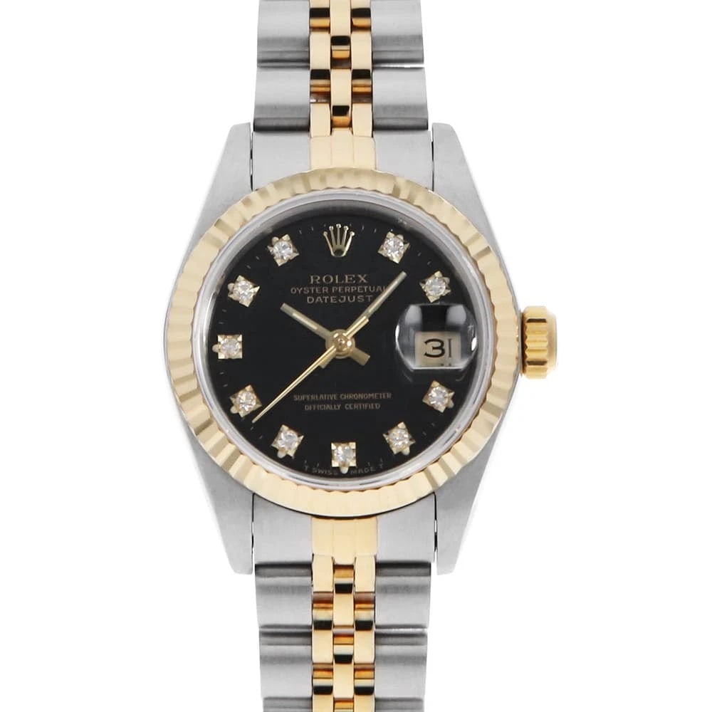 ROLEX DATEJUST DIAMOND BLACK: ROLEX Datejust Diamond black Brand: ROLEX Type: Wrist watch Material: Band MaterialStainless Steel/Yellow Gold, Case MaterialStainless Steel/Yellow Gold Color: Black Size: Case:W26mm Circumference