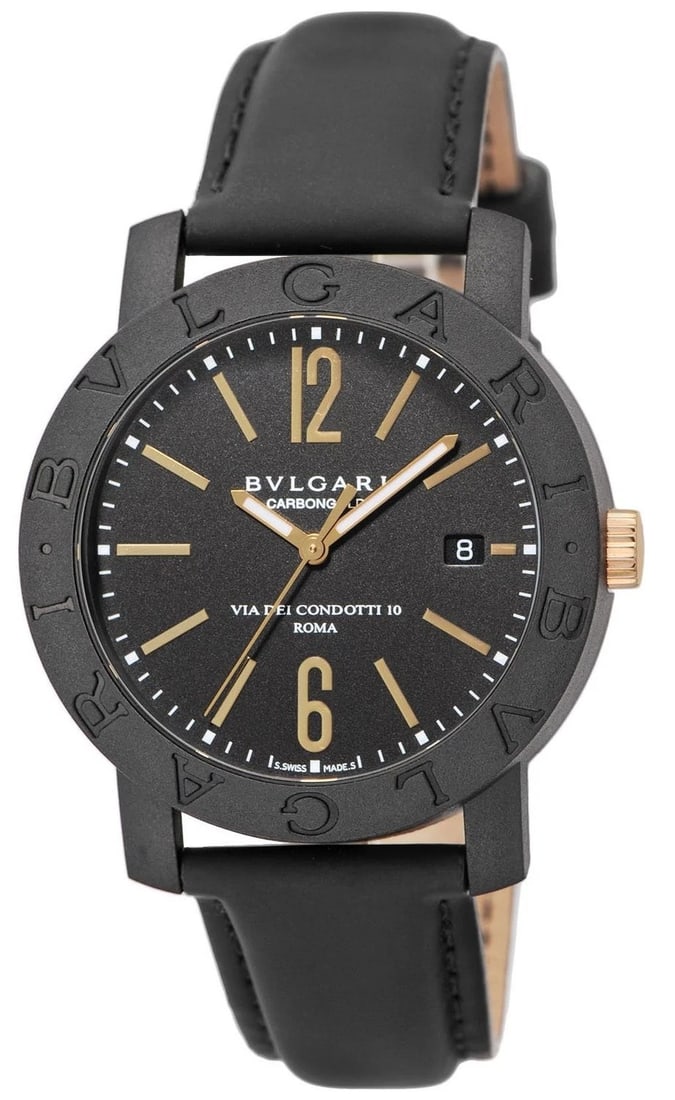 BVLGARI CARBON GOLD BLACK WATCH: BVLGARI Carbon Gold Black Watch Brand: Bvlgari Type: Wristwatch Material: Band MaterialLeather, Band MaterialLeather, Case MaterialCase Materialcarbon Color: black Size: Wrist SizeNA, Case