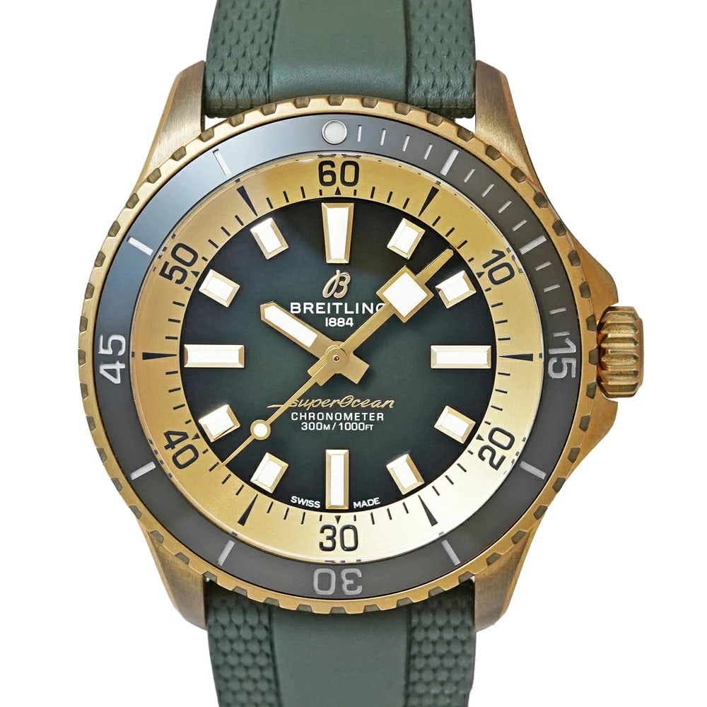 BREITLING SUPEROCEAN GREEN WATCH: BREITLING Superocean Green Watch Brand: BREITLING Type: Wristwatch Material: Band MaterialBronze, Band MaterialBronze, Case MaterialCase MaterialN/A Color: green Size: Wrist SizeNA, Case