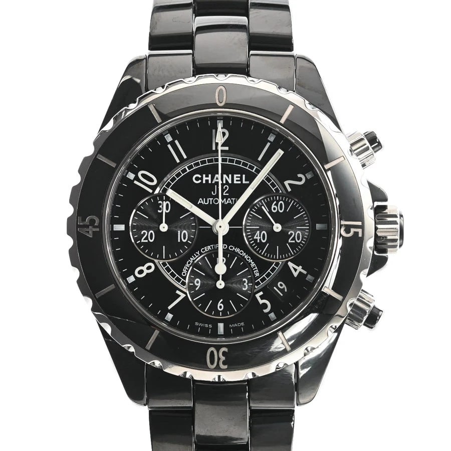CHANEL J12 CHRONOGRAPH BLACK WATCH: CHANEL J12 Chronograph Black Watch Brand: CHANEL Type: Wristwatch Material: Band MaterialCeramic/Bracelet, Band MaterialCeramic/Bracelet, Case MaterialCase MaterialN/A Color: black Size: Wrist
