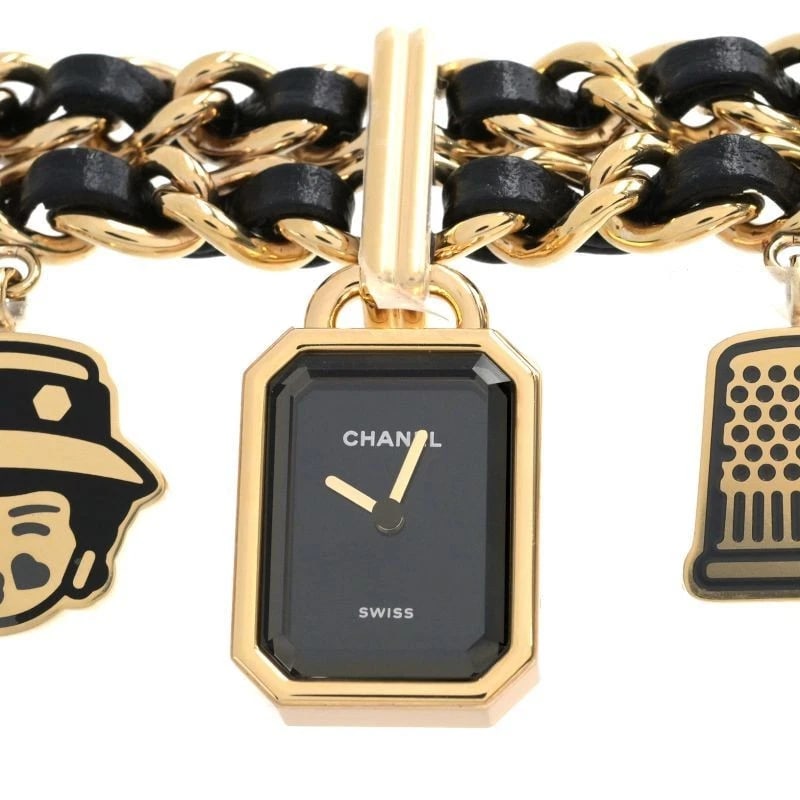 CHANEL PREMIERE CHARM BLACK WATCH: CHANEL Premiere Charm Black Watch Brand: CHANEL Type: Wristwatch Material: Band MaterialGold-Plated Leather Belt, Band MaterialGold-Plated Leather Belt, Case MaterialCase MaterialN/A Color: