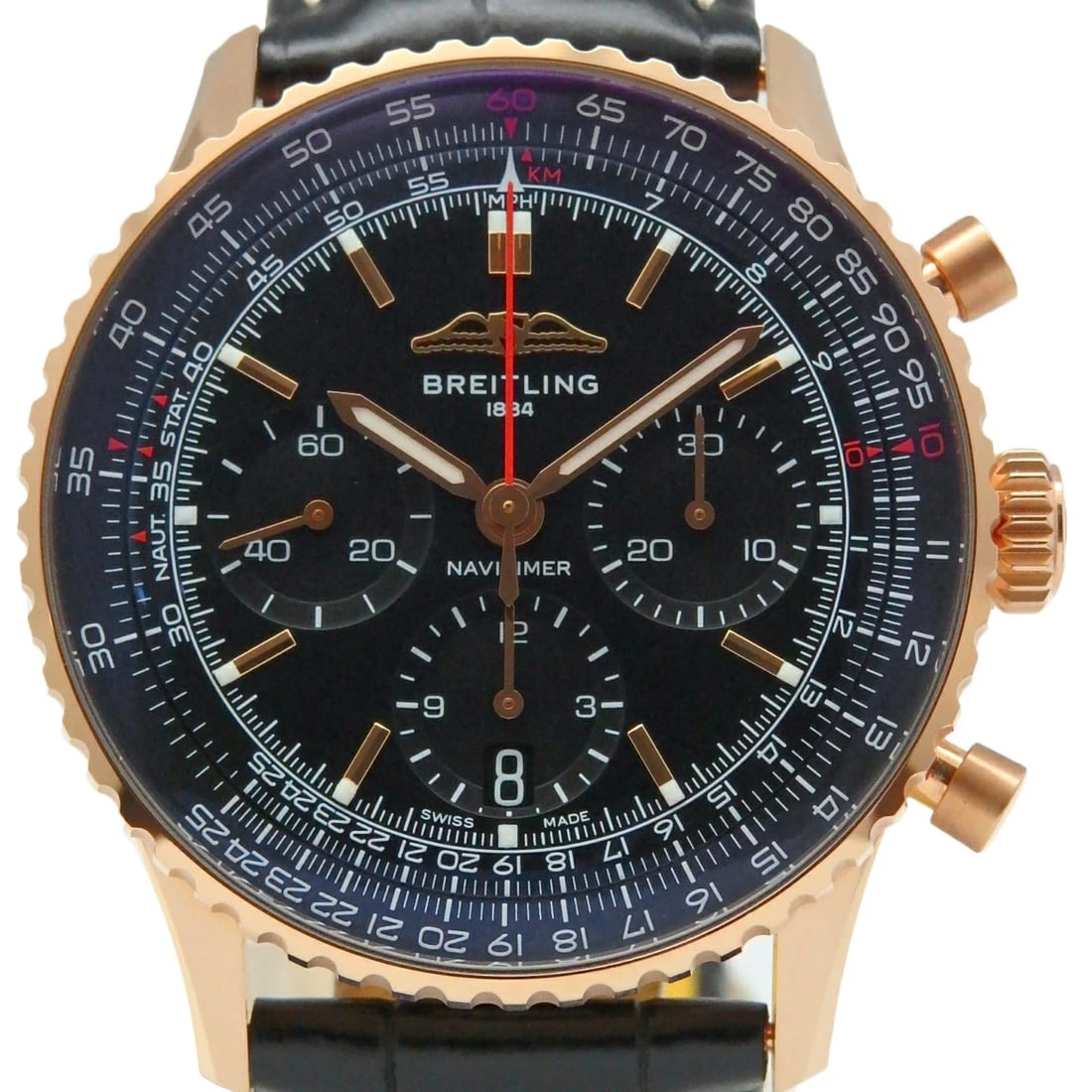 BREITLING NAVITIMER WATCH: BREITLING Navitimer Watch Brand: BREITLING Type: Wristwatch Material: Band MaterialK18Rg/Leather, Band MaterialK18Rg/Leather, Case MaterialCase MaterialN/A Color: none Size: Wrist Size15.5-18.5cm,