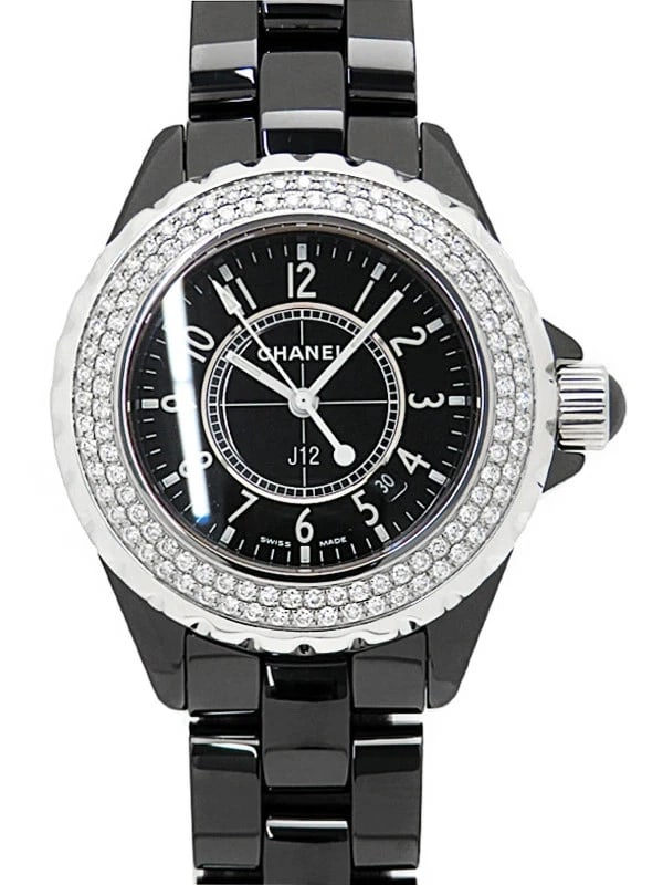 CHANEL J12 BLACK CERAMIC BEZEL DIAMOND WATCH: CHANEL J12 Black Ceramic Bezel Diamond Watch Brand: CHANEL Type: Wristwatch Material: Band MaterialN/A, Band MaterialN/A, Case MaterialCase MaterialN/A Color: black Size: Wrist Size15cm, Case