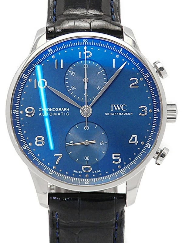 IWC PORTUGUESE CHRONOGRAPH BLUE WATCH: IWC Portuguese Chronograph Blue Watch Brand: IWC Type: Wristwatch Material: Band MaterialN/A, Band MaterialN/A, Case MaterialCase MaterialN/A Color: blue Size: Wrist Size18cm, Case Size41mm 