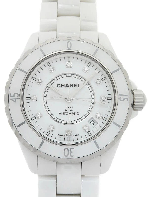 CHANEL J12 WHITE CERAMIC DIAMOND WATCH: CHANEL J12 White Ceramic Diamond Watch Brand: CHANEL Type: Wristwatch Material: Band MaterialN/A, Band MaterialN/A, Case MaterialCase MaterialN/A Color: white Size: Wrist Size19cm, Case Size38mm