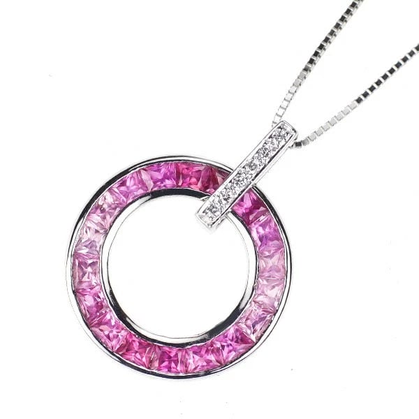 K18WG PINK SAPPHIRE DIAMOND PENDANT NECKLACE: K18WG pink sapphire diamond pendant necklace Brand: None Type/Style: Pendant Necklace Material: Metal Purity K18, Metal Gold, Main Stone/Creation sapphires Color: None Size: Necklace: Chain