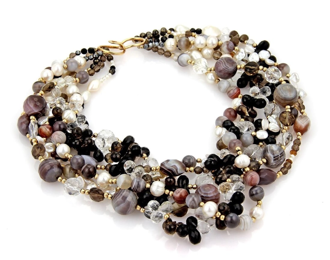 MULTI COLOR GEMS 14K GOLD SIX STRAND NECKLACE: Multi Color Gems 14k Gold Six Strand Necklace Brand: Unbranded Type: Necklace Material: 14k Yellow Gold Color: None Size: Measurements: 17.5" long x 3-4" wide Accessories: None Accessories