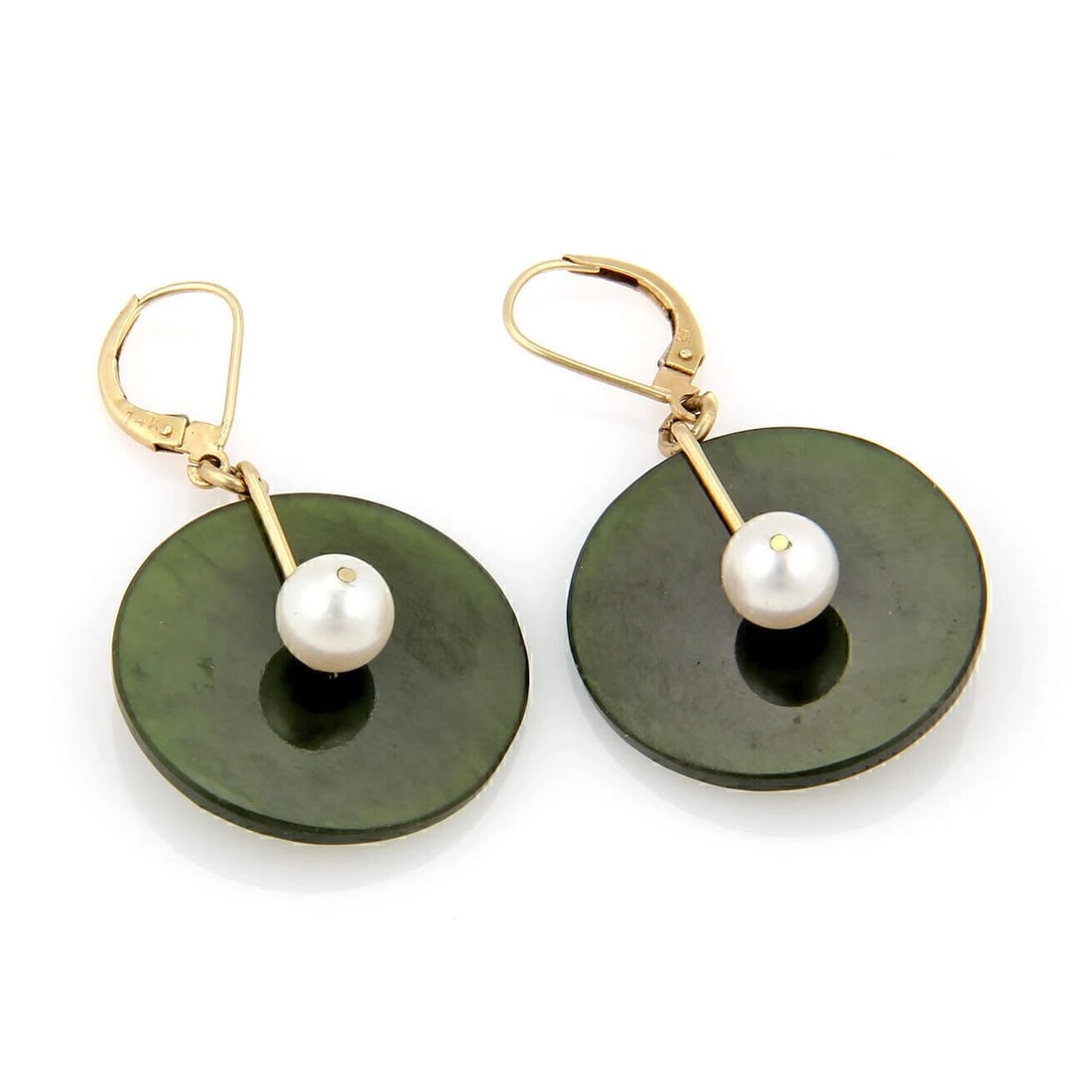 JADE & PEARLS DISC SHAPE DANGLE EARRINGS: Jade & Pearls Disc Shape Dangle Earrings Brand: Unbranded Type: Earrings Material: 14k yellow gold Main Stone/Creation/Gemstone Jade & Pearls Color: None Size: Measurement: 1.69" long x 0.97"