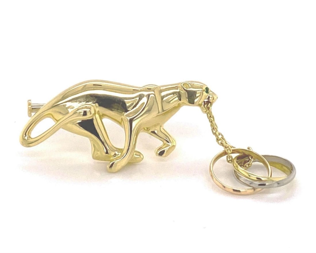 CARTIER PANTHER TRINITY 18K TRICOLOR GOLD DANGLE CHARM BROOCH: Cartier Panther Trinity 18k TriColor Gold Dangle Charm Brooch Brand: Cartier Type: Brooch Material: 18k yellow pink and white gold Color: none Size: Panther measurement: approximately 1.39" long x
