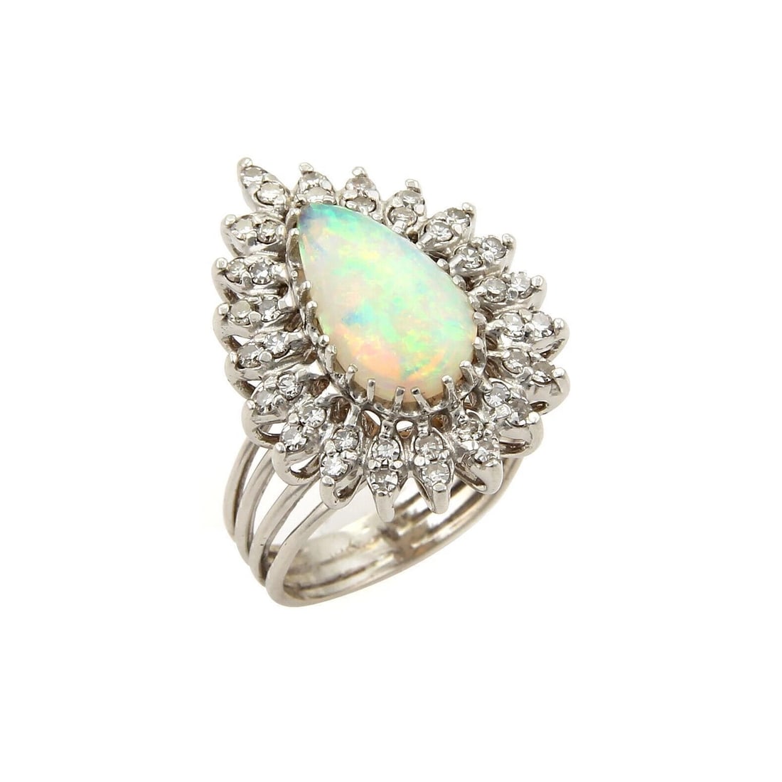 DIAMONDS & FIRE OPAL 14K WHITE GOLD COCKTAIL PEAR SHAPE RING: Diamonds & Fire Opal 14k White Gold Cocktail Pear Shape Ring Brand: Unbranded Type: Ring Material: 14k white gold Color: White Size: 7 US Accessories: None Accessories Notice: When purchas