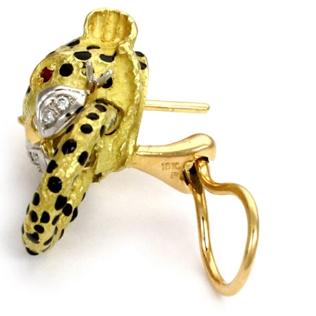 DIAMOND RUBY ENAMEL 18K GOLD POST CLIP EARRINGS - 2