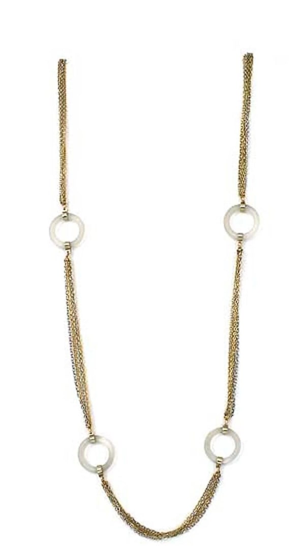 14K GOLD GLASS RING STATION MULTI CHAIN NECKLACE: 14k Gold Glass Ring Station Multi Chain Necklace Brand: Unbranded Type: Necklace Material: 14k yellow and white gold Color: none Size: Measurement: approx. 28" long Camphor rings: approx.