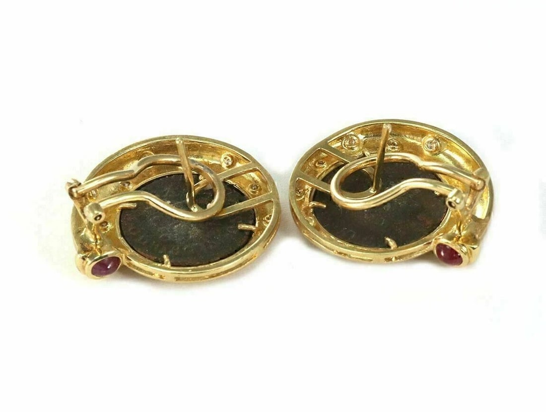 DIAMOND RUBY BRONZE COIN ROUND POST CLIP EARRINGS - 2