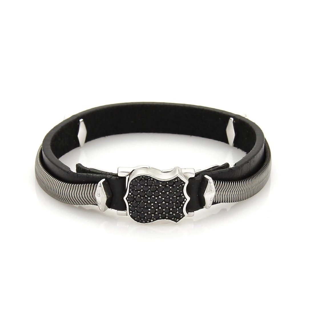 STEPHEN WEBSTER HIGH STERLING BLACK SAPPHIRES & LEATHER BRACELET: Stephen Webster High Sterling Black Sapphires & Leather Bracelet Brand: Stephen Webster Type: Bracelet Material: 925 Sterling Silver Color: none Size: Measurement: band is: 8.5" long x 0.37"