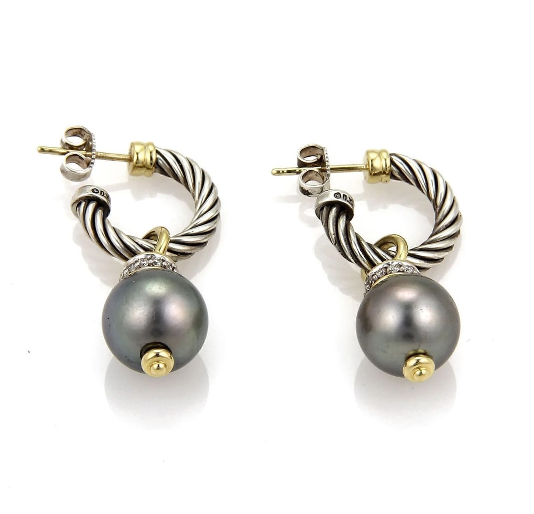 DAVID YURMAN DIAMOND 18K GOLD & STERLING HOOP DANGLE EARRINGS: David Yurman Diamond 18k Gold & Sterling Hoop Dangle Earrings Brand: David Yurman Type: Earring Material: 18k gold and sterling silver Color: none Size: Measurements: 35mm long x 11mm 