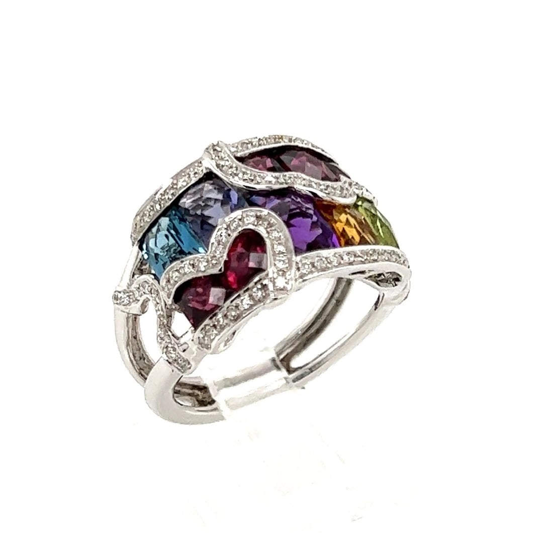 BELLARRI DIAMOND & GEMS 18K WHITE GOLD BAND RING: Bellarri Diamond & Gems 18k White Gold Band Ring Brand: BELLARRI Type: Ring Material: 18k white gold Color: White Size: 7 US Accessories: None Accessories Notice: When purchasing pre-owned