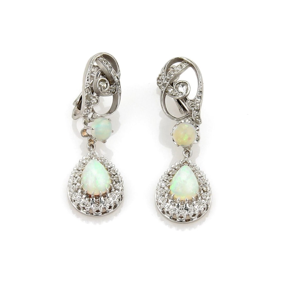 DIAMONDS & FIRE OPAL 14K GOLD DROP DANGLE CLIP ON EARRINGS: Diamonds & Fire Opal 14k Gold Drop Dangle Clip On Earrings Brand: Unbranded Type: Earrings Material: 14k white gold Color: white Size: Measurement: 1.75" long x 0.55" wide x 0.29" Opal: 9.8mm