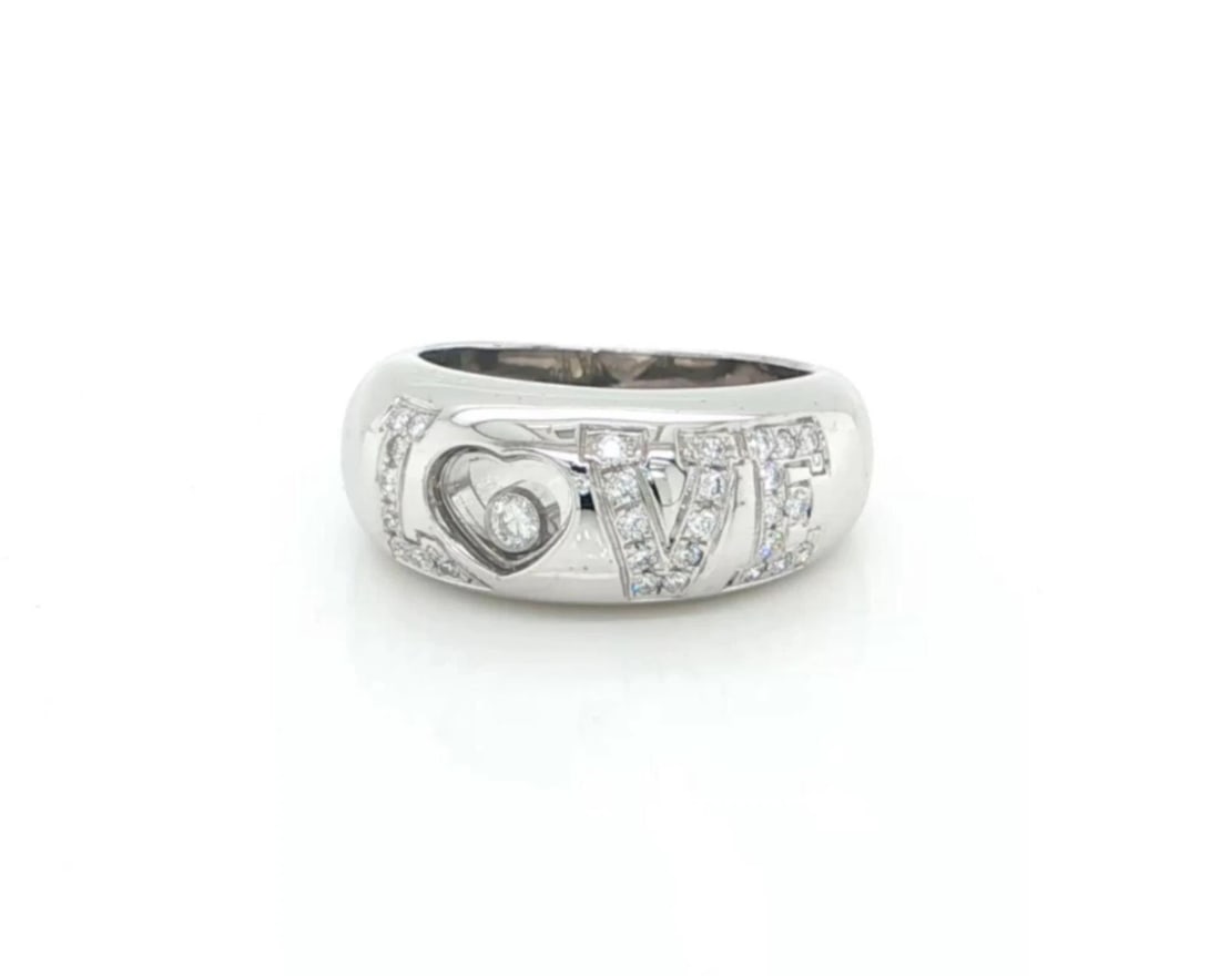 CHOPARD HAPPY DIAMOND 18K WHITE GOLD BAND RING: Chopard Happy Diamond 18k White Gold Band Ring Brand: Chopard Type: ring Material: 18k White Gold Color: white Size: 4 US Accessories: None Accessories Notice: When purchasing pre-owned go