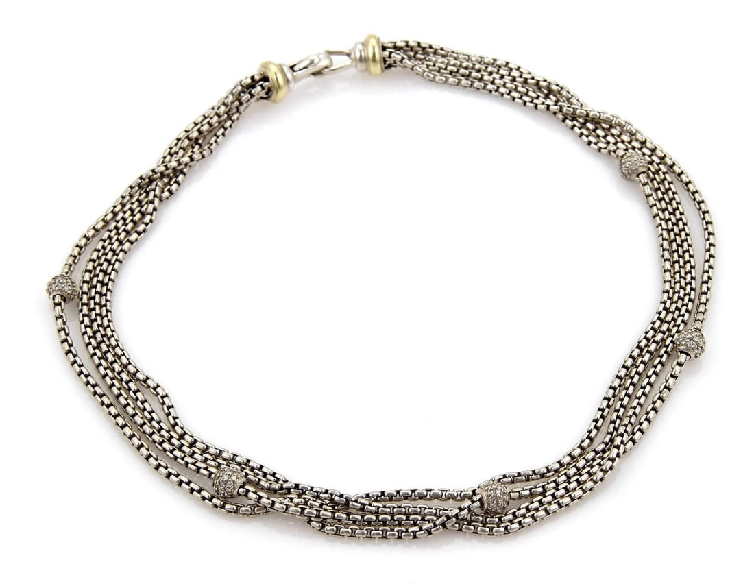 DAVID YURMAN MULTISTRAND BOX CHAIN NECKLACE: David Yurman MultiStrand Box Chain Necklace Brand: David Yurman Type: Necklace Material: Sterling Silver & 18k yellow gold Color: None Size: Measurement: 16" long and 13mm wide x 6mm high 